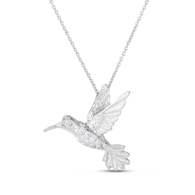 Hummingbird Pendant with Round Diamond Accent Necklace in 18K White Gold
