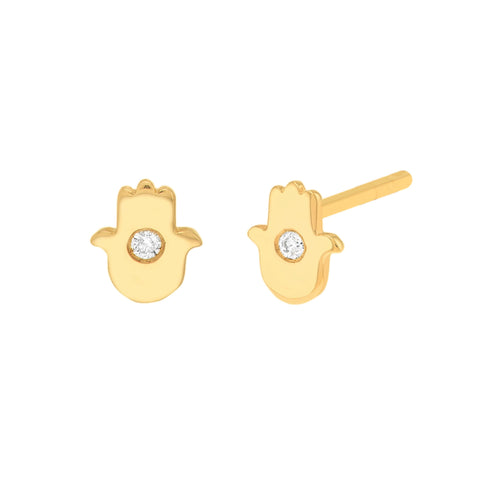 Diamond Accent Hamsa Mini Stud Earrings in 14K Yellow Gold