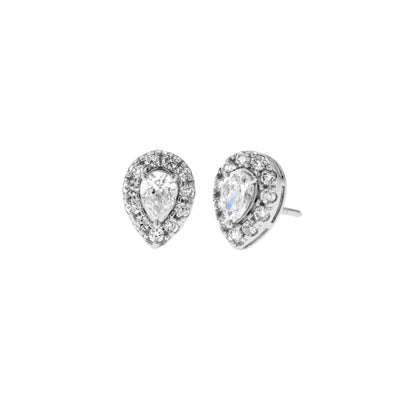 1 cttw. Lab Grown Halo with Center Pear Cut Diamond Stud Earrings in 14K White Gold