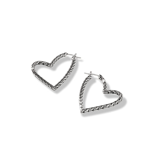 Chain Engraved Heart Hoop Earrings in Sterling Silver