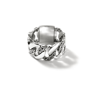 Curb Link Ring with Carved Chain Accent Sterling Silver Ring