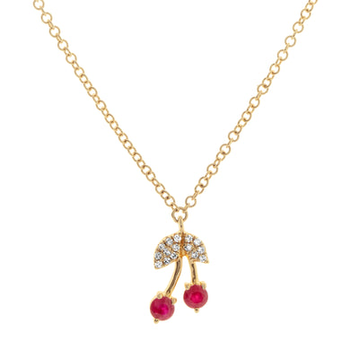 Ruby and Diamond Cherry Necklace in 14K Yellow Gold