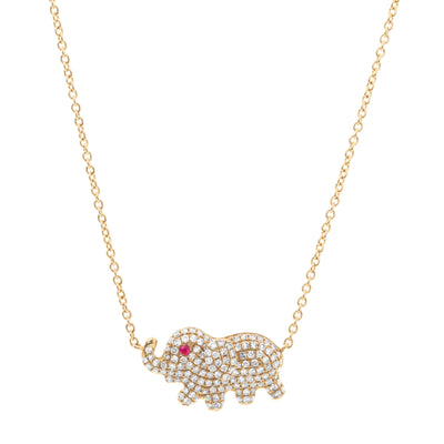 Ruby and Diamond Elephant Necklace in 14K Yellow Gold