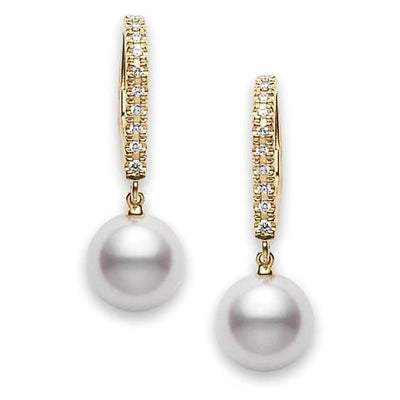 18K Yellow Gold 7.5MM Cultured Pearl and Diamond Drop Earrings