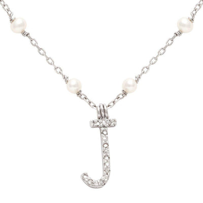 Diamond Initial 'J' Necklace with Cultured Pearls