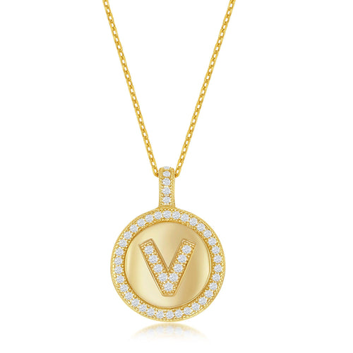 CZ Initial V Sterling Silver and Yellow Gold Plated Circle Pendant