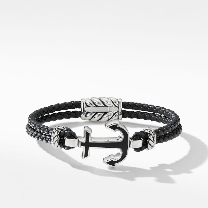 Maritime Anchor Station Black Leather Bracelet with Black Onyx