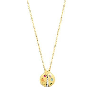 Baby Ladybug Necklace with Diamond and Multi Gemstones in 14K Yellow Gold