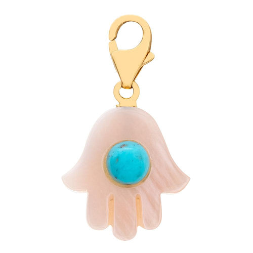 Pink Mother of Pearl Hamsa Blue Cabochon Pendant