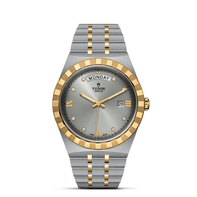 41mm Royal Steel and Gold Silver Dial with Diamond Hour Markers with Day of the Week and Date Watch by Tudor | M28603-0002