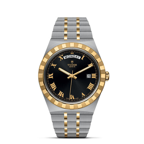 41mm Royal Steel and Gold Black Dial with Diamond Hour Markers with Day of the Week and Date Watch by Tudor | M28603-0003