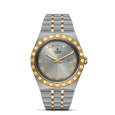 41mm Royal Steel and Gold Silver Dial with Roman Numeral Hour Markers with Day of the Week and Date Watch by Tudor | M28603-0001