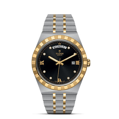 41mm Royal Steel and Gold Black Dial with Diamond Hour Markers with Day of the Week and Date Watch by Tudor | M28603-0005