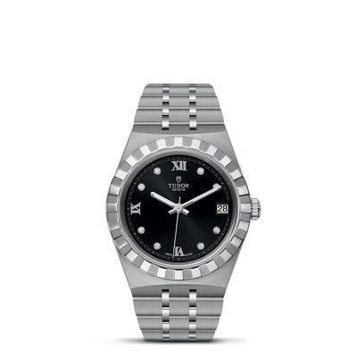 38mm Royal Steel Black Dial with Diamond Hour Markers And Date Watch by Tudor | M28400-0004