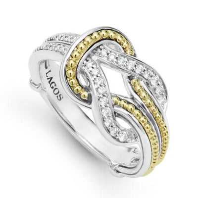 Silver and 18K Yellow Gold Diamond Caviar Knot Ring