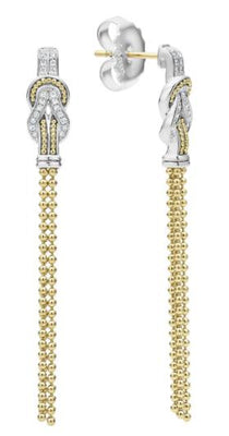 Silver and Yellow Gold Caviar Knot Diamond Tassel Earrings