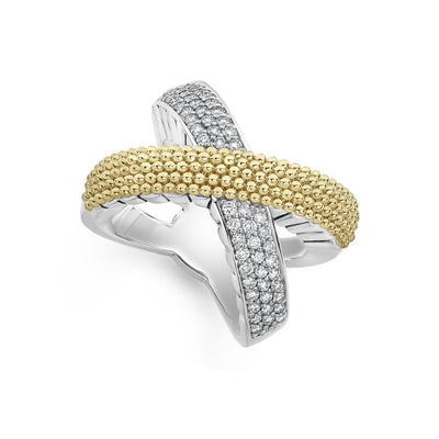 SILVER AND GOLD DIAMOND CROSSOVER RING - Tapper's Jewelry 