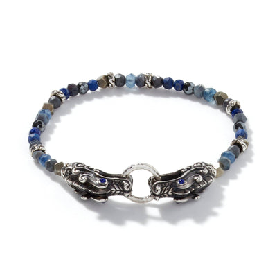 SILVER HAMMERED DOUBLE DRAGON HEAD BEADED BRACELET - Tapper's Jewelry 