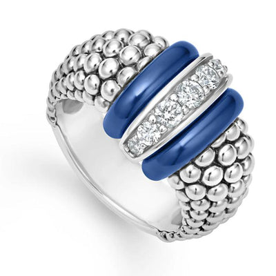Sterling Silver Diamond and Blue Ceramic Ring