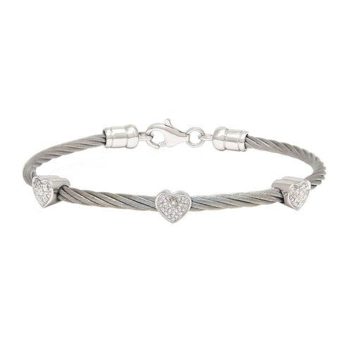 Sterling Silver and Stainless Steel Diamond Heart Station Bracelet