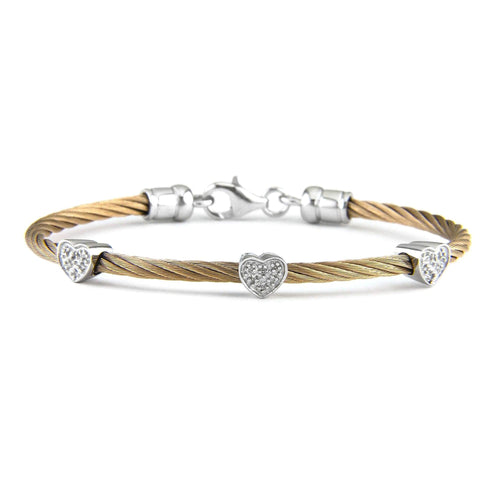 Sterling Silver and Rose Stainless Steel Diamond Heart Station Bracelet