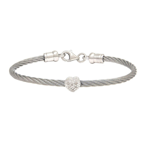 Sterling Silver and Stainless Steel Diamond Heart Station Bracelet