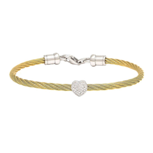 Sterling Silver and Yellow Stainless Steel Diamond Heart Station Bracelet