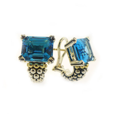 STERLING SILVER AND 18 KARAT PETITE BLUE TOPAZ HALF HOOP EARRING - Tapper's Jewelry 