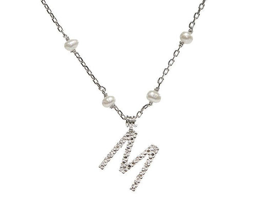 Sterling Silver Diamond Initial 'M' Necklace With Cultured Pearls