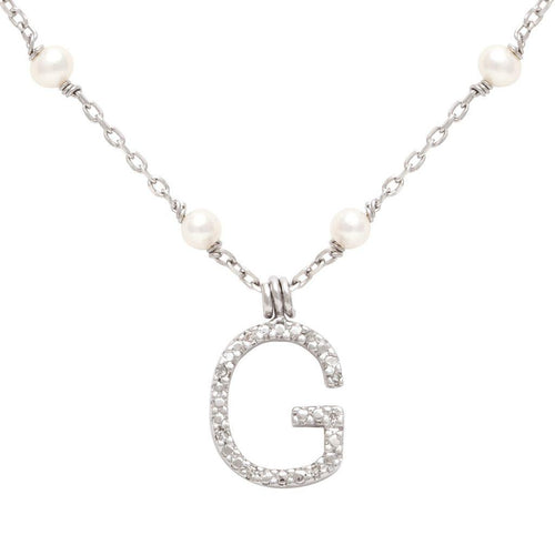 Sterling Silver Diamond Initial 'G' Necklace with Cultured Pearls