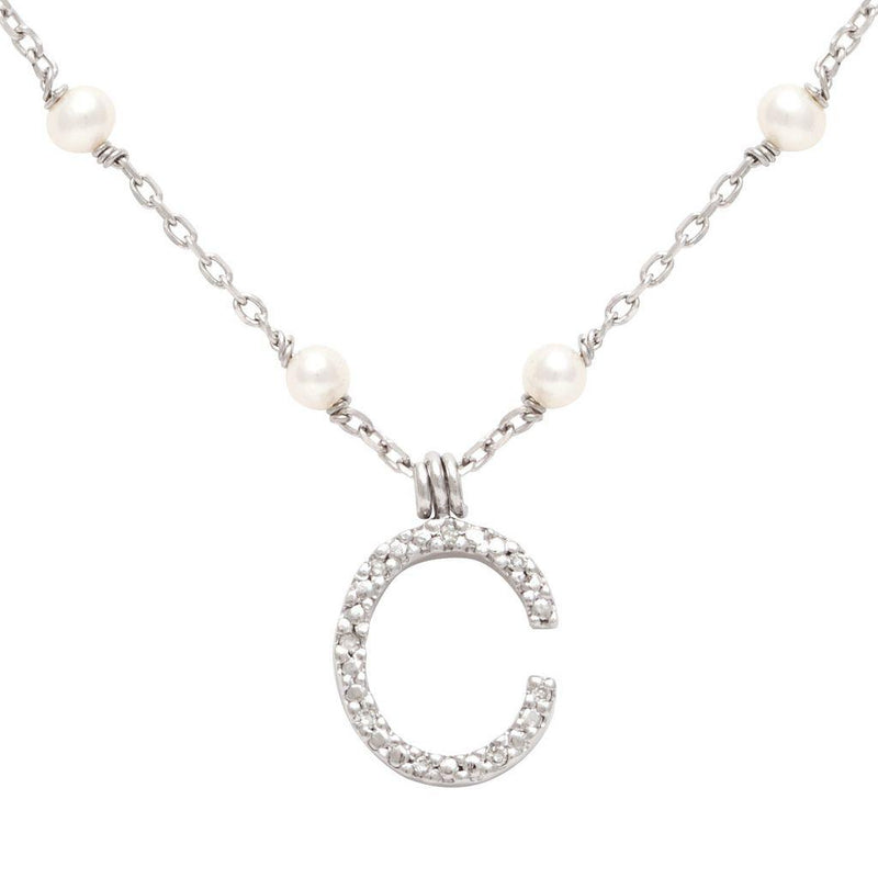 Sterling Silver Diamond Initial 'C' Necklace With Cultured Pearls