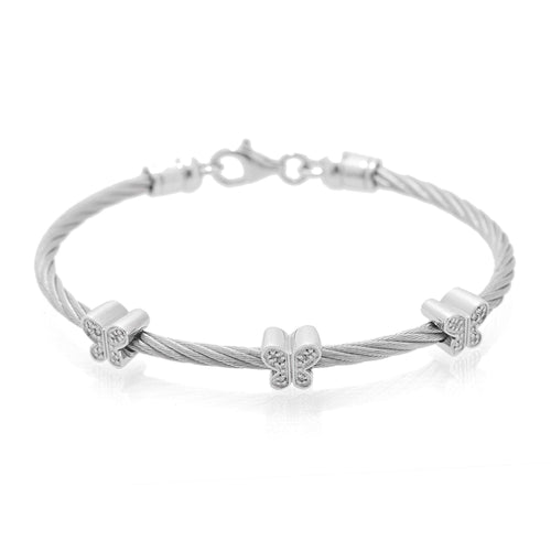 Sterling Silver and Stainless Steel Diamond Butterfly Station Bracelet