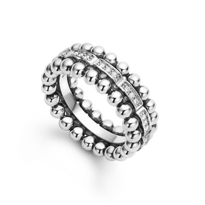 Sterling Silver Diamond Caviar Link Ring