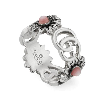 STERLING SILVER GUCCI GG MARMONT PINK MOTHER OF PEARL FLOWER RING - Tapper's Jewelry 