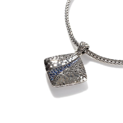 Hammered Silver Square Pendant on 2.5mm Mini Chain Necklace with Blue Sapphire