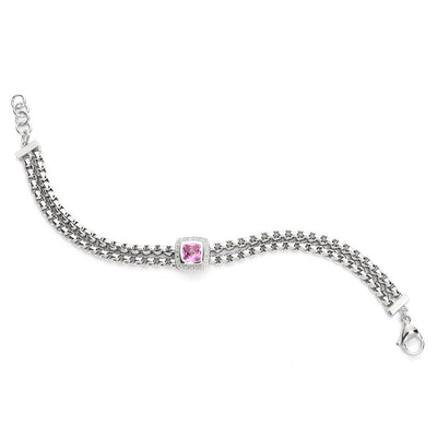 Sterling Silver and Stainless Steel Pink Quartz and Diamond Bracelet