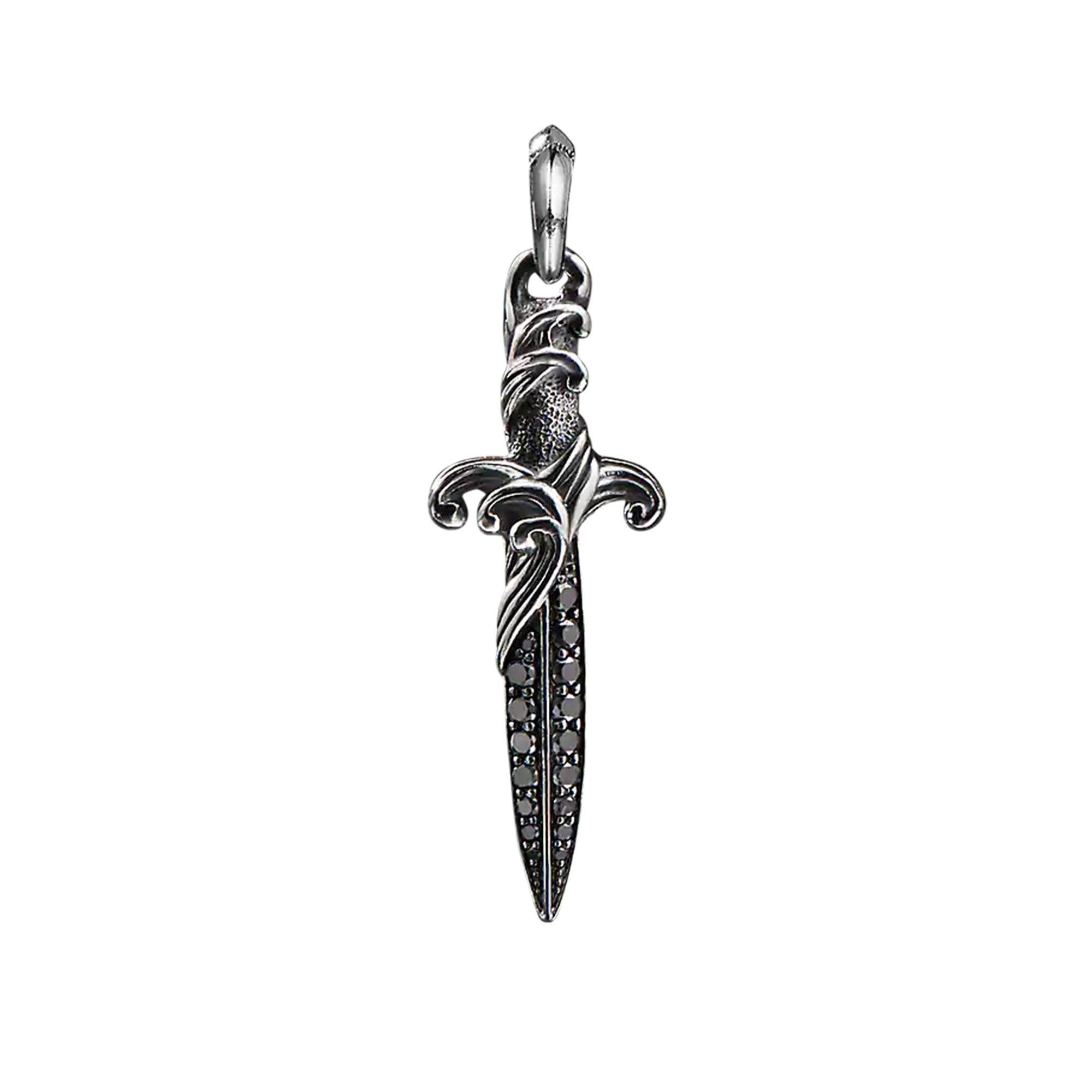 WAVES DAGGER AMULET IN STERLING SILVER WITH PAVÉ BLACK DIAMONDS